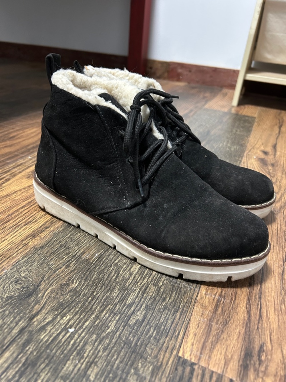 Black Suede Lace-Up Women's Ankle Booties with Shearling Collar